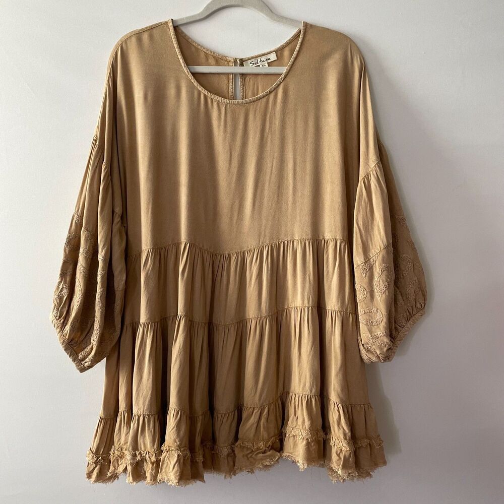 Solitaire XL Tan Embroidered Puff Sleeve Tiered Tunic Top Boho Rayon